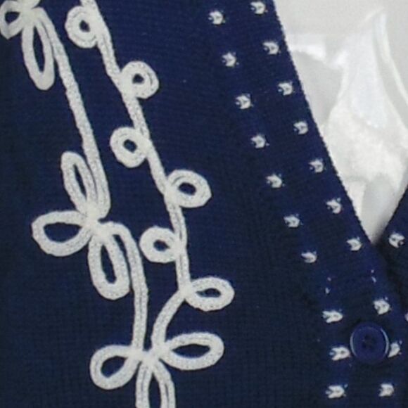 Vintage LEON LEVIN Sweater, M, Blue Wool Cardigan, Shoulder pads, Embroidered - Picture 5 of 11